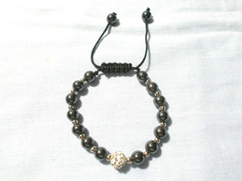Gray Black Hematite Beads And White Crystal Disco Ball Adjustable Cord Bracelet - £3.13 GBP
