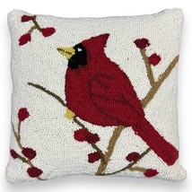 Vintage Red Cardinal Bird Neutral Berries Twigs Spring Decor Hooked Pillow - £39.75 GBP