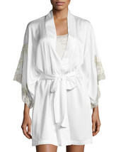 NWT New Designer Natori Short Wrap Robe Womens L Silky Satin Flowers Whi... - £128.60 GBP