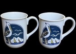 Vtg Otagiri Mugs Pelican Sailboats Coffee Cups Ocean Coastal Seagulls Set Of 2 - £18.19 GBP
