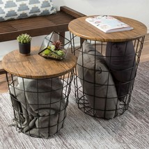 2 Convertible Nesting End Tables Metal Basket Wooden Top Home Office Furniture - £149.46 GBP