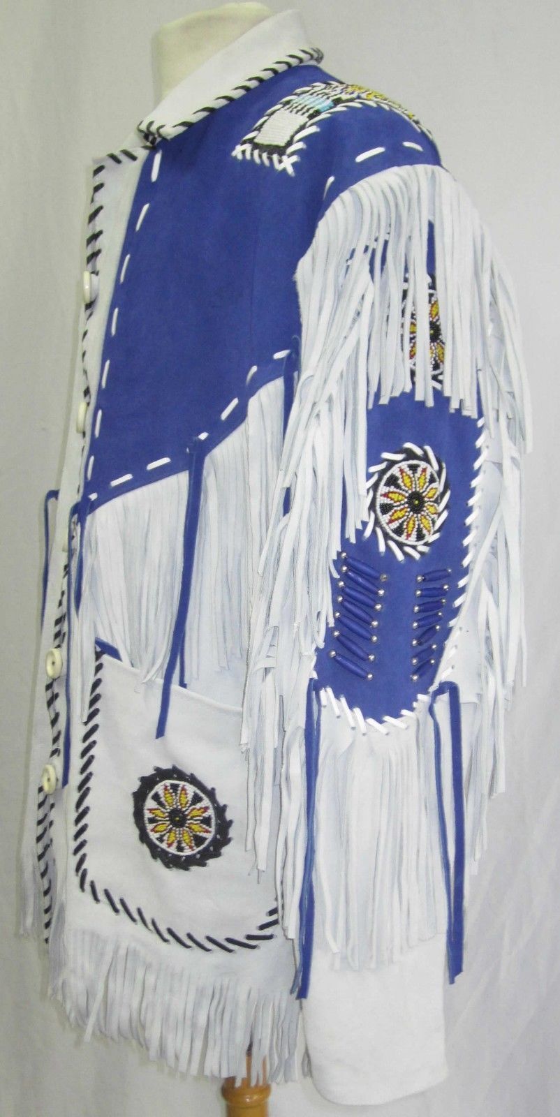 New Mens White Western Wear Leather Jacket Handmade Fringed Cow boy Beads Coat 2