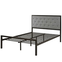 Full Metal Platform Bed with Grey Upholstered Button Tufted Fabric Headboard - $8,462.82 MXN