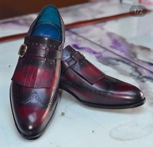 Maroon Monk Shoes Men Genuine Leather Flap Fringe Single Buckle Strap Handmade  - £109.69 GBP