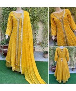 Pakistani Yellow double Long Maxi Style Embroidered Sequins Chiffon Dress,M - $167.31