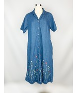 Vintage 1990s Denim Shirt Dress Embroidered Floral Button Front Womens XL - £11.41 GBP