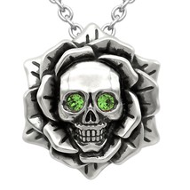 Skull Rose August Light Green Birthstone Necklace With CZ Crystal 17&quot;-19&quot; Chain - £59.13 GBP
