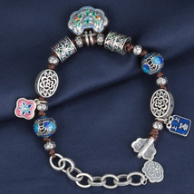 Sterling Silver Enamelled Article Beaded Bracelet With Longevity Lock Charms - £87.74 GBP