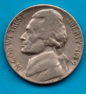 1959 D Circulated Jefferson Nickel - Moderate Wear -About VF - $0.05