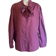 Jeana Womens XL Vintage 1980s Purple Blue Leaf Print Front Tie Button Up Blouse - £14.18 GBP