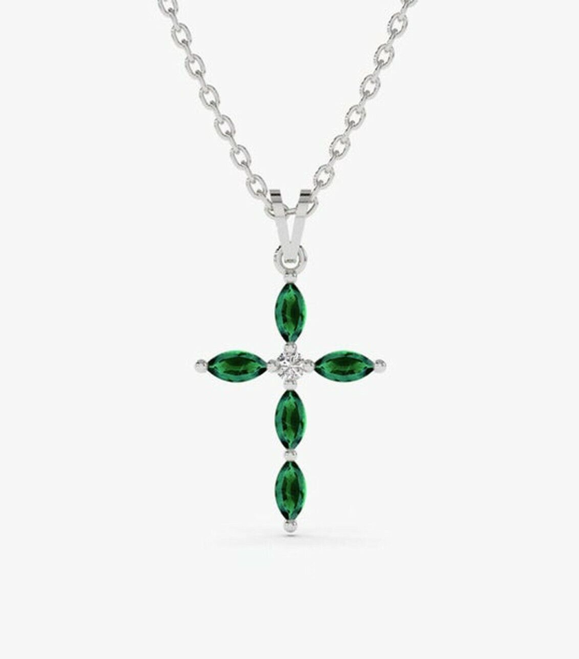 Primary image for 0.55CT Marquise Cut Emerald & Diamond 14k White Gold Plated Silver Cross Pendant
