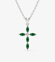 0.55CT Marquise Cut Emerald &amp; Diamond 14k White Gold Plated Silver Cross Pendant - £22.17 GBP