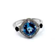 3Ct Cushion Simulated Blue Topaz &amp; Sapphire Engagemen Ring 14k White Gold Plated - £68.50 GBP