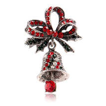 Red Cubic Zirconia &amp; Silver-Plated Christmas Bow Bell Brooch - £11.21 GBP