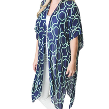 Kari Printed Lightweight Kimono Wrap Shawl Navy Blue Green Geometricfdf - £22.94 GBP