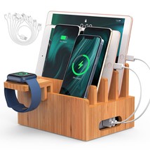 Bamboo Charging Station For Multi-Device With 4 Slots, Charging Dock Stand Compa - £37.79 GBP