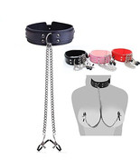 New Leather Choker Collar With Nipple Breast Clamp Clip Chain BDSM Bonda... - $84.27 MXN