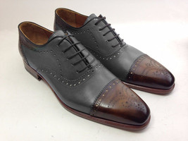 Oxford Two Tone Brown Black Brogue Cap Toe Genuine Leather Lace Up Shoes... - $159.99
