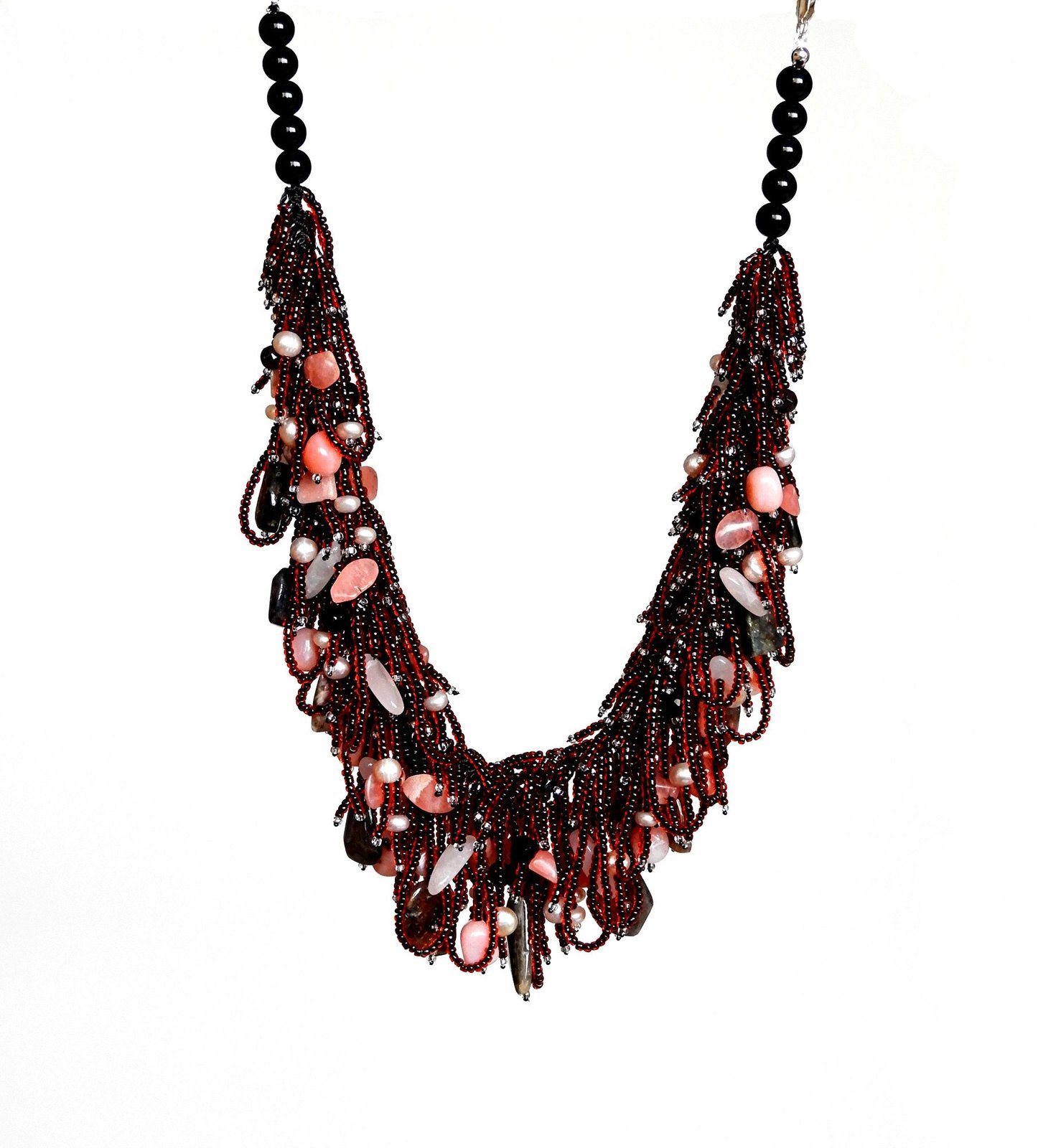 Tourmaline, Pink Opal, Rose Quartz and Garnet Necklace with Mauve Pearls  - £375.65 GBP