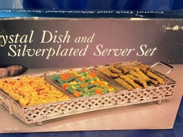 Vintage NOS Crystal Dish &amp; Silverplated Server Set Original Box 3 Sections - £22.14 GBP