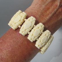 Wide Vintage Celluloid Faux Carved Horn Chinese Design Stretch Bracelet - $11.67