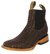 Mens Brown Chelsea Ankle Boots Cowboy Dress Woven Leather Botas Vaquero Tejida - £135.39 GBP