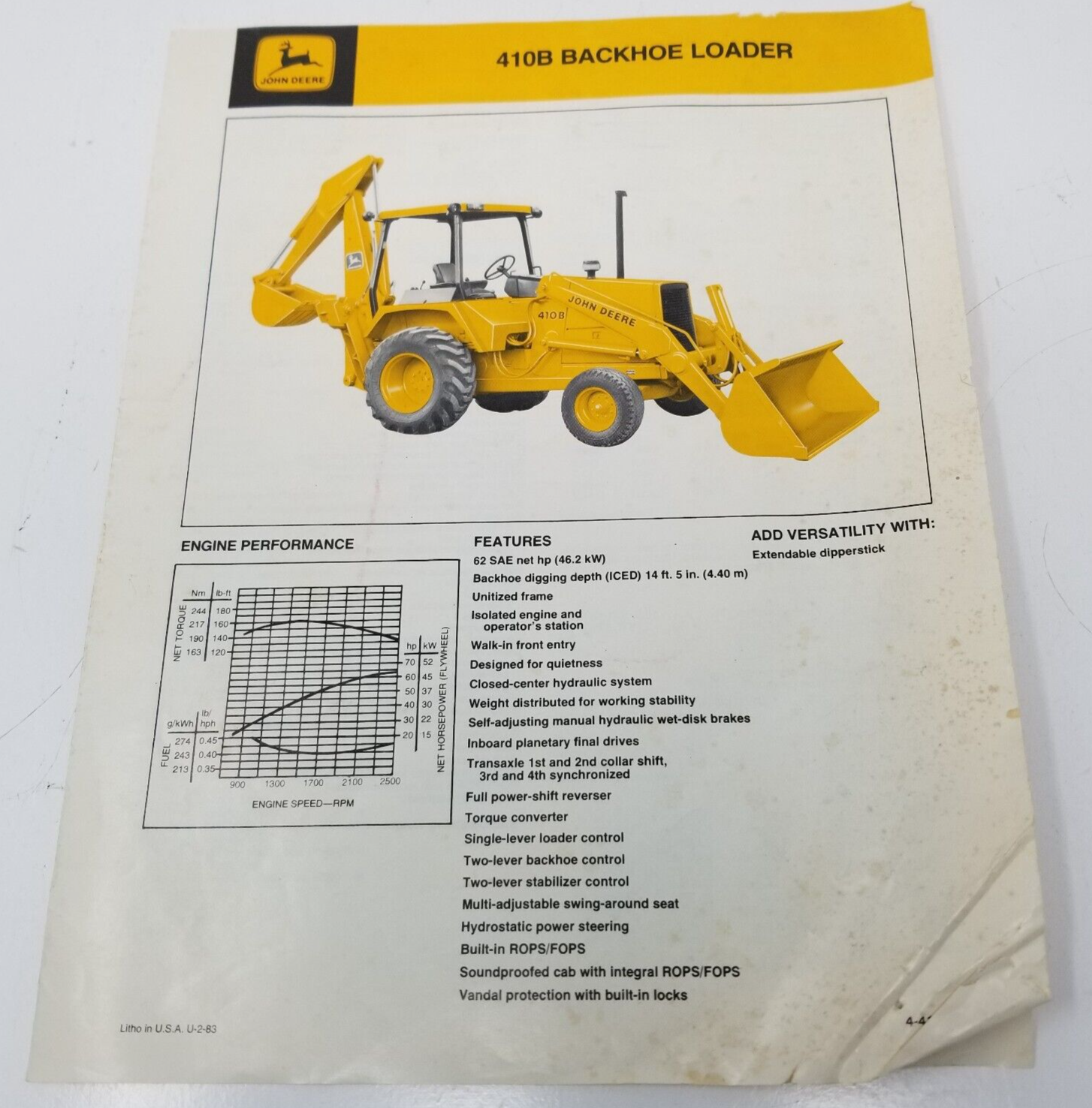 John Deere 410B Backhoe Loader Sales Brochure 1983 Specifications Accessories - £14.97 GBP