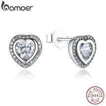 BAMOER 925 Silver Love Heart Shape Stud Earrings for Women Clear Cubic Zirconia  - £16.51 GBP