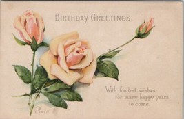 Artist Lyman Powell Birthday Greetings Lovely Peach Pink Roses Postcard W15 - £3.89 GBP