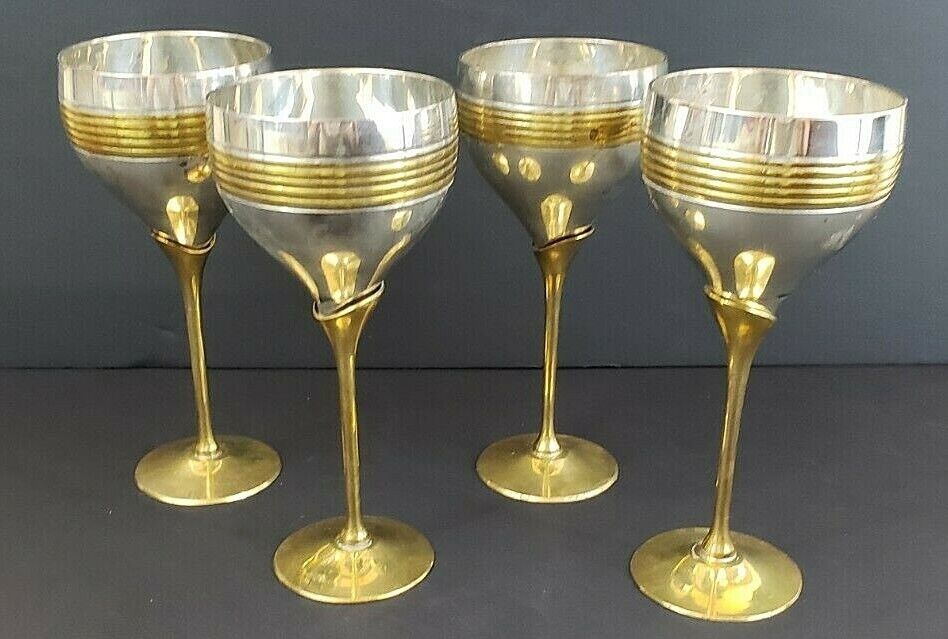 Vintage Silver Plate & Brass Wine Glasses 1940's India 7 3/4" Tall Regency - $28.04