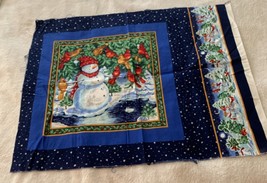 Fabric Panel Pillow Front Snowman 15 Inch Colorful Winter Scene Birds Blue Navy - £9.54 GBP
