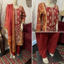 Pakistani  Red Printed Straight Shirt 3-PC Lawn Suit w/ Threadwork, large - £53.02 GBP