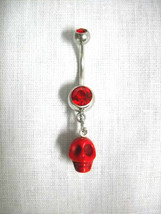 Bold Red 3D Human Skull Head Charm On Dazzling Red Cz Belly Ring Navel Barbell - £4.73 GBP