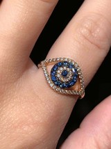 1.50Ct Round Cut Blue Sapphire Halo Stunning Evil Eye Ring 14K Yellow Gold Over - £87.02 GBP