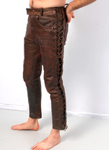 Men&#39;s brown cowhide Leather  laced  Pants Designer Slim Fit Black Skinny Trouser - £143.86 GBP