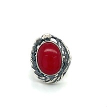 Vintage Sign JNY Sterling Silver Bezel Oval Red Coral Stone Filigree Ring 7 1/2 - £35.03 GBP