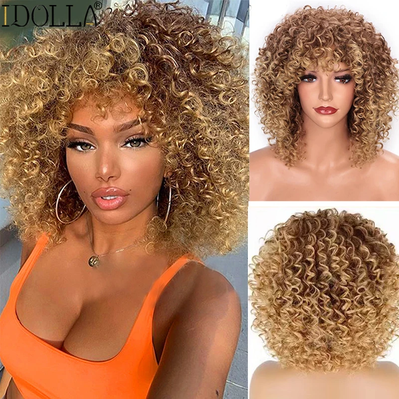 Idolla Short Curly Blonde Wig Synthetic Afro Kinky Curly Wig With Bangs F - £15.58 GBP