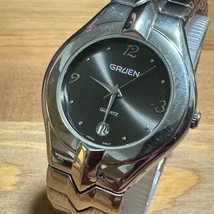 Vintage Gruen Quartz Watch Men Silver Black Japan Movt Date Analog New Battery - £21.29 GBP