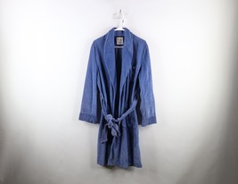 Vintage 50s 60s Streetwear Mens Medium Distressed Belted Velour Robe Blue USA - £46.68 GBP