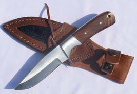HUNTING KNIFE STAINLESS STEEL BLADE LEATHER SHEATH WOOD HANDLE NICE QUALITY - £25.59 GBP