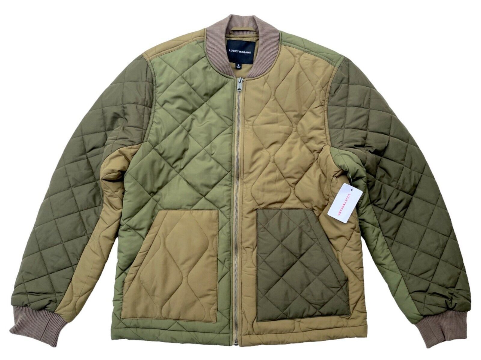 Lucky Brand Mens M Olive Army Green Patchwork Quilted Lightweight Bomber... - $71.25