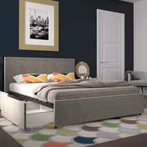 Novogratz Kelly Light Gray Velvet Upholstered Storage Drawers, Queen Size Frame - £311.73 GBP
