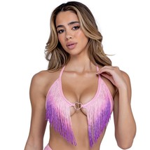 Metallic Iridescent Bikini Top Ombre Fringe Heart Ring Halter Pink Purple 6460 - £31.83 GBP