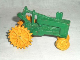 Cast Iron Farm Tractor Toy John Deere Green &amp; Yellow Reproduction Miniature Size - £10.64 GBP