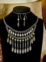&quot;Reinvented&quot; Silvertone Draped Beaded Bib Type Necklace and Earrings - £22.33 GBP