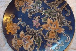 Chinese Pottery Plate Blue Background Decorated with Flowers and Gold - £22.95 GBP