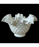 Vintage Hobnail White Milk Glass Vase Bowl Ruffled Rim Crimped Edge 6”wi... - $23.50