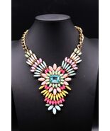 Choker Length Bib Necklace W/ Marquise Cut Faceted Pastel Rhinestone Stu... - $70.00 CAD
