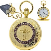Pocket Watch Gold Color 47 MM Cross and Jesus Fish Design for Men with Chain C34 - £28.06 GBP