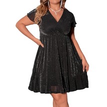 Women&#39;S Plus Size Wrap V Neck Short Sleeve Glitter Party A Line Dress Black 3Xl - $74.99